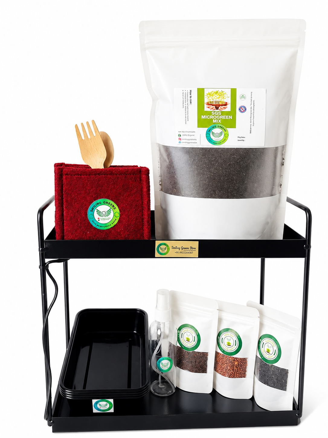 Smiling Greens 2-Tier DIY Microgreens Grow Rack Setup with 8 Trays & 4 Types Seeds Pack and Complete Material | Indoor Microgreen Growing System | Home Gardening Stand for Microgreens, Herbs - Image 2