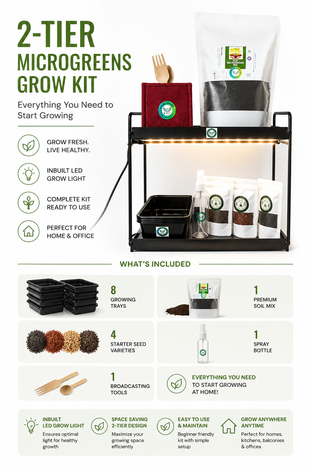 Smiling Greens 2-Tier DIY Microgreens Grow Rack Setup with 8 Trays & 4 Types Seeds Pack and Complete Material | Indoor Microgreen Growing System | Home Gardening Stand for Microgreens, Herbs - Image 4