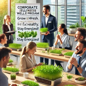 DALL·E 2025-02-27 12.25.03 - A professional corporate wellness program promotional image featuring microgreens. The image should include a modern office setting with employees eng